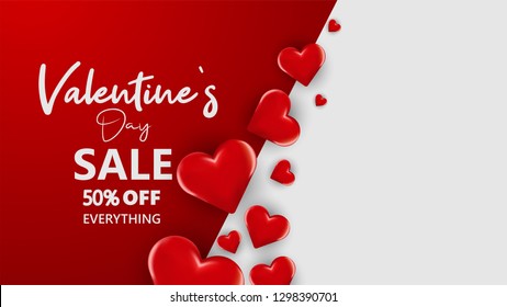 Promo Web Banner for Valentine's Day Sale. Beautiful Background with Red Hearts. Vector Illustration with Seasonal Offer. - Vector 