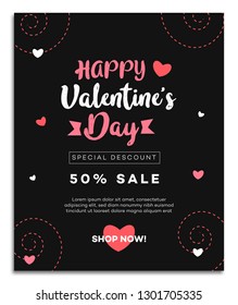 Promo Web Banner for Valentine's Day Sale. Beautiful black background with hearts and dotted waves.  Ilustración vectorial para carteles, anuncios, cupones, material promocional. - Vector