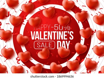 Promo Web Banner for Valentine's Day Sale. Beautiful Background with big red circle and balloon Red Hearts. Vector Illustration with Seasonal Offer