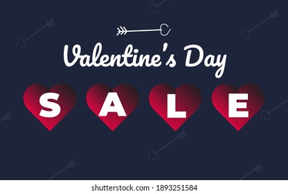 Promo Web Banner for Valentine's Day Sale. Valentines Day text with handwritten calligraphy. discount label. letters of the word sale above the hearts. navy blue isolated background. Banner template.