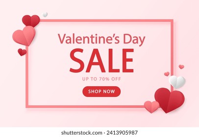 Promo Web Banner for Valentine's Day Sale. Beautiful Background with Red Hearts. Vector Illustration with Seasonal Offer. Valentine's Day Poster.
