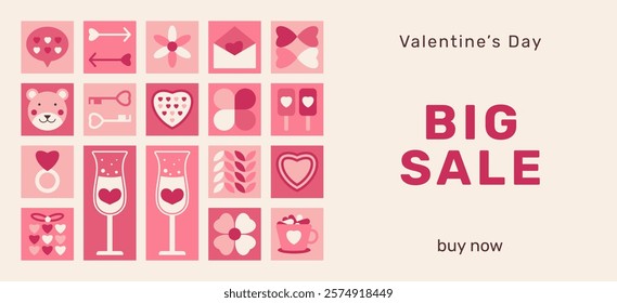 Promo Web Banner for Valentine's Day Big Sale template. Pattern of squares with holiday elements from simple shapes. Geometric Love discount pink holiday background with trendy icons, Hearts, gift