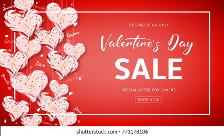 Promo Web Banner for Valentine's Day Sale. Beautiful Background with Realistic Candy Hearts. Vector Illustration with Seasonal Offer.