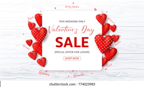 Promo Web Banner for Valentine's Day Sale. Beautiful Background with Red Fabric Hearts and Confetti on Wooden Texture. Vector Illustration with Seasonal Offer.