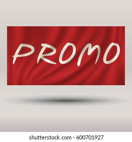 Promo white text on red silk background. Banner for shopping mall