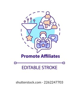 Promote affiliates concept icon. Choose brands and products. Begin business program abstract idea thin line illustration. Isolated outline drawing. Editable stroke. Arial, Myriad Pro-Bold fonts used