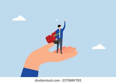 promote to be leader, assured entrepreneur superhero in assisted grip. 