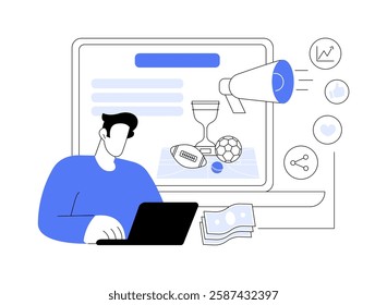 Promote betting platform isolated cartoon vector illustrations. Man with laptop using betting platform, get income, successful marketing strategy, entertainment business vector cartoon.