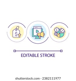 Promote expensive product loop concept icon. Social media advertising. Increasing prices abstract idea thin line illustration. Isolated outline drawing. Editable stroke. Arial font used