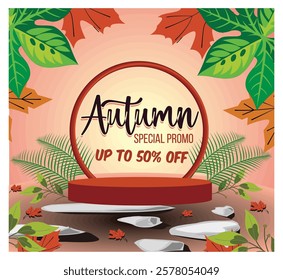 Promote fall sales with bright seasonal colors and nature-inspired décor with podiums, highlighting special promotional offers for discounts during the season. Flat vector modern illustration