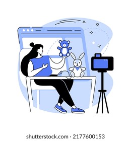 Promote handcrafts isolated cartoon vector illustrations. Woman takes picture of a craft toy for posting online, handmade teddy bear, small business, self-employed specialist vector cartoon.