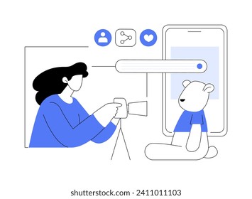 Promote handcrafts isolated cartoon vector illustrations. Woman takes picture of a craft toy for posting online, handmade teddy bear, small business, self-employed specialist vector cartoon.