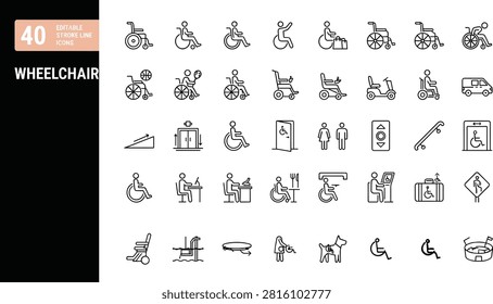 Promote inclusivity and accessibility with this comprehensive Wheelchair and Accessibility icon set, featuring clean editable stroke lines. This high-quality vector collection covers a wide range of essential symbols including various wheelchair types, mobility aids, accessible facilities, ramps, elevators, and inclusive services. With the fully editable stroke feature, you can easily adjust the line weight to match your specific branding or interface design requirements. Perfect for designing accessible public spaces, healthcare facilities, inclusive mobile apps, urban planning projects, and informative signage.Promote inclusivity and accessibility with this comprehensive Wheelchair and Accessibility icon set, featuring clean editable stroke lines. This high-quality vector collection covers a wide range of essential symbols including various wheelchair types, mobility aids, accessible facilities, ramps, elevators, and inclusive services. With the fully editable stroke feature, you can easily adjust the line weight to match your specific branding or interface design requirements. Perfect for designing accessible public spaces, healthcare facilities, inclusive mobile apps, urban planning projects, and informative signage.