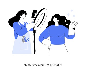 Promova novas ilustrações isoladas do vetor do desenho animado do corte de cabelo. Cabeleireiro profissional tira foto de um cliente com novo corte de cabelo em salão, setor de serviços, indústria de beleza vetor cartoon.