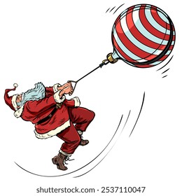 Promover o produto para o Ano Novo e Natal. Papai Noel esportivo gira a bola. Próximos feriados e ofertas de inverno. Pop Art Retro Vetor Ilustração Kitsch Vintage estilo 50s 60s. Em um