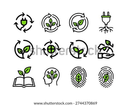 Promote profound environmental responsibility with this advanced circular economy and corporate sustainability vector icon set. Featuring abstract concepts like eco-fingerprints (green identity), leaf-sprouting brains (eco-conscious thinking), green energy plugs, and circular recycling loops. This visually striking collection is perfect for ESG reporting, green business branding, corporate social responsibility (CSR) initiatives, and sustainable technology platforms. Scalable icons designed to communicate deep ecological commitment.