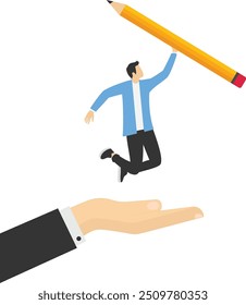 Promover o sucesso na aprendizagem. Empresário segurando um lápis no suporte mão vetor

