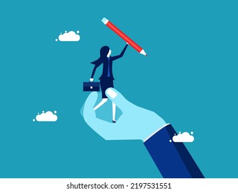 Promote success in learning. Businesswoman holding a pencil in support hand vector
