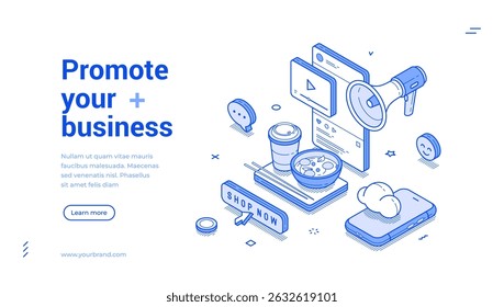 Promova seu negócio online de marketing digital banner web ilustração vetor isométrica. Página inicial da promoção do ciberespaço do influenciador da rede social do blog do serviço de tecnologia de publicidade na Internet