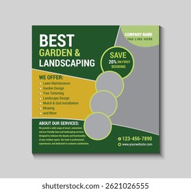 Promote your garden and landscaping services with this professional social media post template. Ideal for showcasing lawn care, design, and maintenance offers across various platforms.