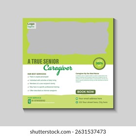 Promote your home health care services with this clean, professional social media post template. Perfect for showcasing medical support, personal care, and trusted in-home assistance.