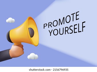 Promote yourself. Marketing, business promotion banner. Hand holding megaphone, clouds. Loudspeaker announcement, advertising poster design with space for text. 3D realistic vector. Digital viral, seo