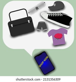 promoted by There is a shopping list that includes shoes, t-shirts, shorts, bags, glasses, hats.