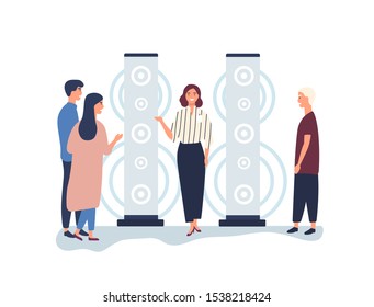 Promoter advertising stereo system flat vector illustration. Female sales manager, merchandiser helping customers. Saleswoman, clients choosing audio speaker cartoon characters isolated on white.