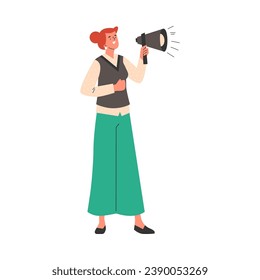 Promoter or business coach with megaphone performs motivational speech. Public speaker or seminar lecturer, flat vector illustration isolated on white background.