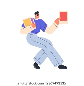 Promoter, distributor with flyers in hands. Man giving, offering, promoting printed ads. Marketing promo leaflets distribution, promotion. Flat graphic vector illustration isolated on white background