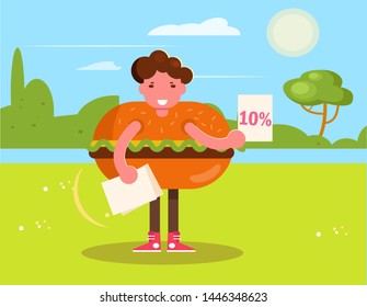 Promoter in a hamburger suit Vector. Cartoon. Isolated art