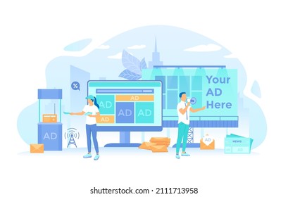 Promoter handing out flyers, man with megaphone. Advertising and promotion agency. Showcase, online ads, on newspaper, billboard. Vector illustration flat style.	
