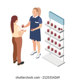 Promoter isometric composition with isolated character of female perfume promoter with client vector illustration
