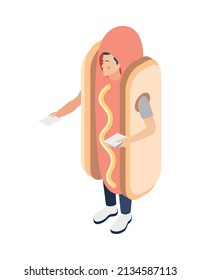 Promoter isometric composition with isolated character of guy wearing costume of hotdog holding leaflets vector illustration