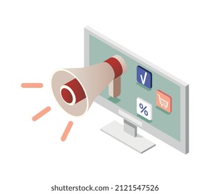 Promoter isometric composition with isolated image of desktop computer with megaphone icons vector illustration