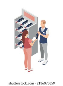 Promoter isometric composition with isolated image of wine stand and male promoter talking to customer vector illustration