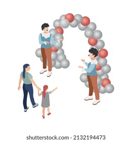 Promoter isometric composition with view of balloon entrance with tout clowns and mother with daughter vector illustration