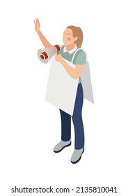 Promoter isometric composition with woman wearing promotional placards shouting in megaphone vector illustration