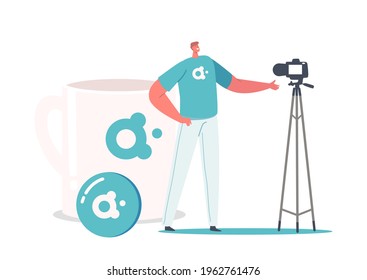 Promoter Male Character Presenting Brand Advertising Campaign on Video Camera, Tiny Man stand at Huge Cup with Company Logotype Label. Promotional Products Concept. Cartoon People Vector Illustration