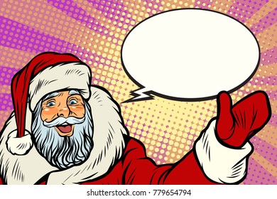 Promoter Santa Claus with comic bubble. Pop art retro vector illustration
