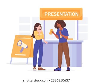 Promoter speak to woman concept. Young girl gives booklet to potential client. Promotion, advertising and marketing. Character with loudspeaker at street. Cartoon flat vector illustration