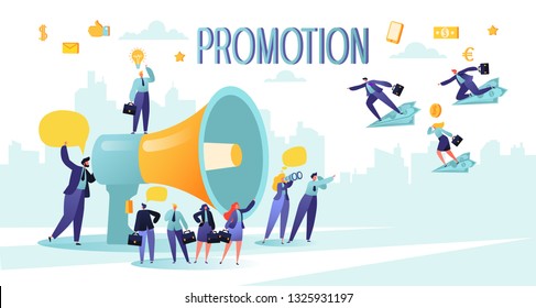 Promoter speaks in big megaphone and attracts buyers of investors and businessmen. People characters listen to the announcement.  Concept of advertisement, marketing, promotion.  - Shutterstock ID 1325931197