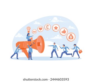 The promoter speaks using a megaphone. Attract investors and entrepreneurs with promotions on social media. Promotion concept. Flat vector illustration.