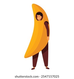 Promoter wearing a big yellow banana costume is standing and smiling