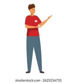 Promoter wearing red t shirt and badge is showing something with his hands and smiling