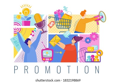 Promoters advertise a company or product to a target audience in the market. Competition, attracting leads, new customers. Concept of advertisement, marketing, promotion. Flat vector illustration.
