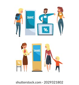 Promoters Advertising Products or Services to Walking People Set, Consultants Standing at Commercial Promotional Stands at Exhibition Cartoon Vector Illustration