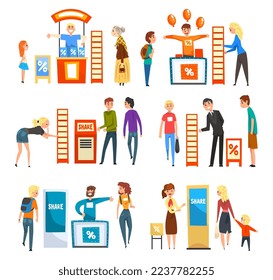 Promoters Advertising Products or Services to Walking People at Trade Show Big Vector Set