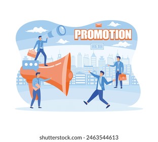 Promoters speak with big megaphones and attract buyers investors and entrepreneurs. Advertising, marketing, promotion concept. flat vector modern illustration