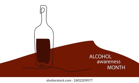 Promoting alcohol awareness month campaign. bottle  red wine. drinking in society. Raising public health concerns and supporting responsible behavior, line art vector flat illustration.